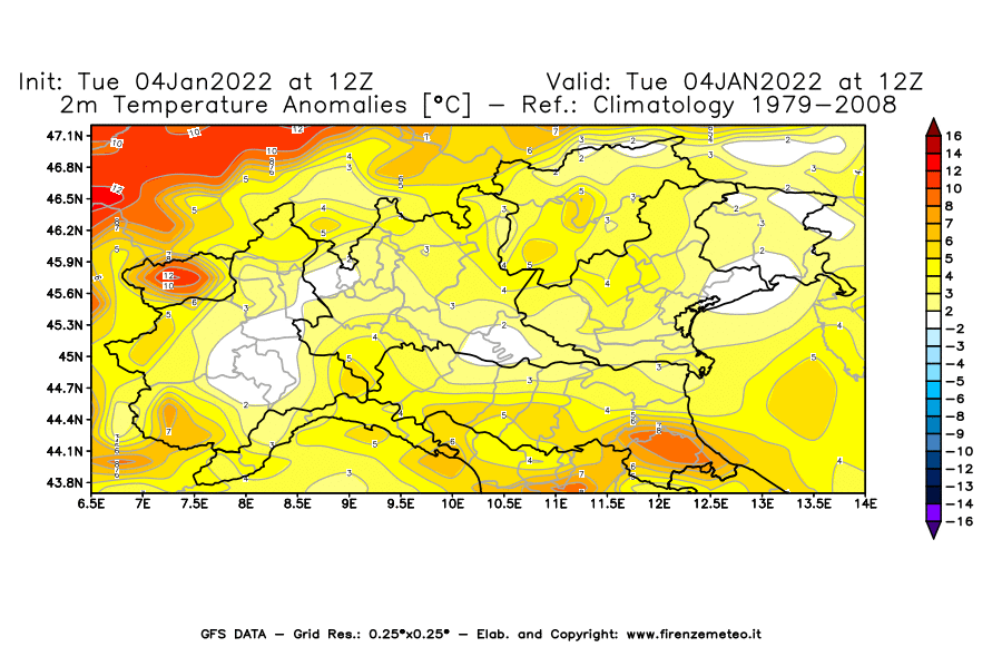 Mappa di analisi GFS - Anomalia Temperatura [°C] a 2 m in Nord-Italia
							del 04/01/2022 12 <!--googleoff: index-->UTC<!--googleon: index-->