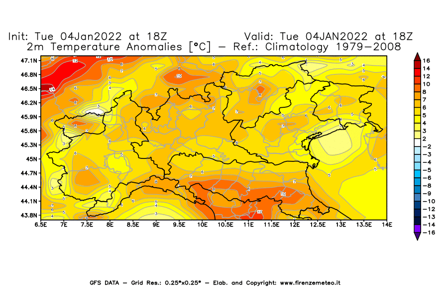 Mappa di analisi GFS - Anomalia Temperatura [°C] a 2 m in Nord-Italia
							del 04/01/2022 18 <!--googleoff: index-->UTC<!--googleon: index-->