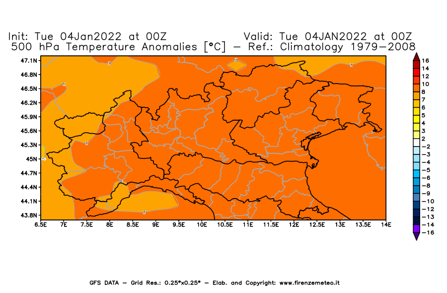 Mappa di analisi GFS - Anomalia Temperatura [°C] a 500 hPa in Nord-Italia
							del 04/01/2022 00 <!--googleoff: index-->UTC<!--googleon: index-->