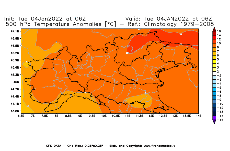 Mappa di analisi GFS - Anomalia Temperatura [°C] a 500 hPa in Nord-Italia
							del 04/01/2022 06 <!--googleoff: index-->UTC<!--googleon: index-->