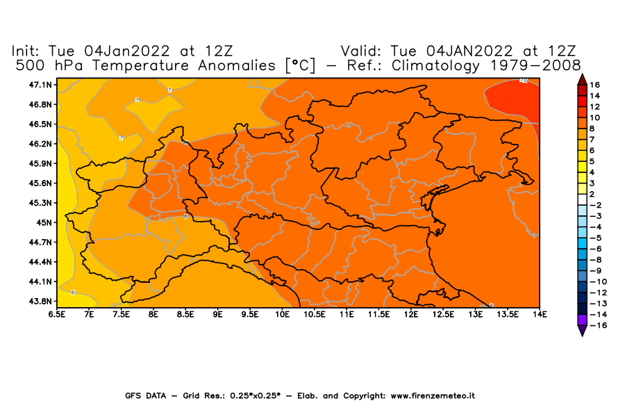 Mappa di analisi GFS - Anomalia Temperatura [°C] a 500 hPa in Nord-Italia
							del 04/01/2022 12 <!--googleoff: index-->UTC<!--googleon: index-->