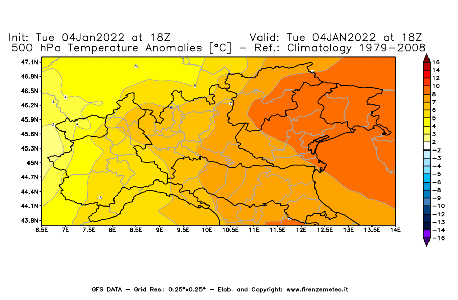 Mappa di analisi GFS - Anomalia Temperatura [°C] a 500 hPa in Nord-Italia
							del 04/01/2022 18 <!--googleoff: index-->UTC<!--googleon: index-->