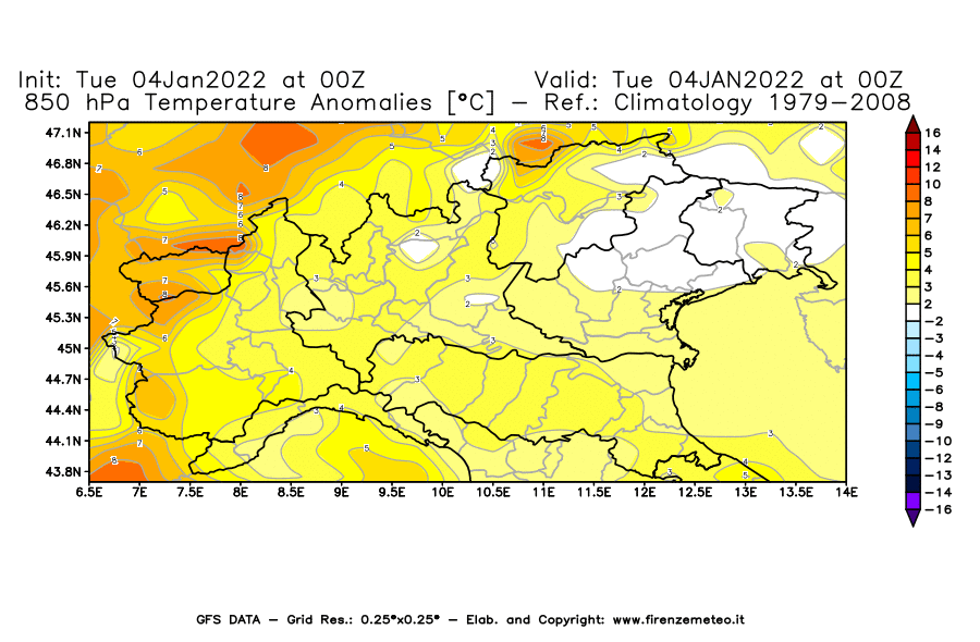 Mappa di analisi GFS - Anomalia Temperatura [°C] a 850 hPa in Nord-Italia
							del 04/01/2022 00 <!--googleoff: index-->UTC<!--googleon: index-->