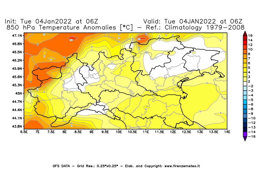 Mappa di analisi GFS - Anomalia Temperatura [°C] a 850 hPa in Nord-Italia
							del 04/01/2022 06 <!--googleoff: index-->UTC<!--googleon: index-->