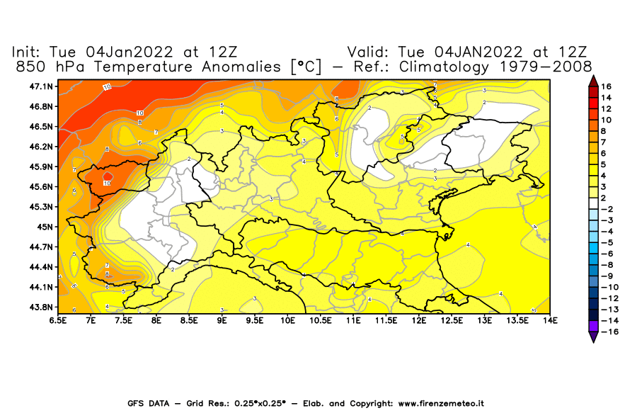 Mappa di analisi GFS - Anomalia Temperatura [°C] a 850 hPa in Nord-Italia
							del 04/01/2022 12 <!--googleoff: index-->UTC<!--googleon: index-->