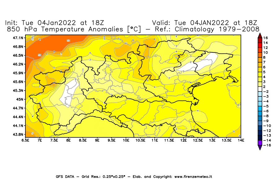 Mappa di analisi GFS - Anomalia Temperatura [°C] a 850 hPa in Nord-Italia
							del 04/01/2022 18 <!--googleoff: index-->UTC<!--googleon: index-->
