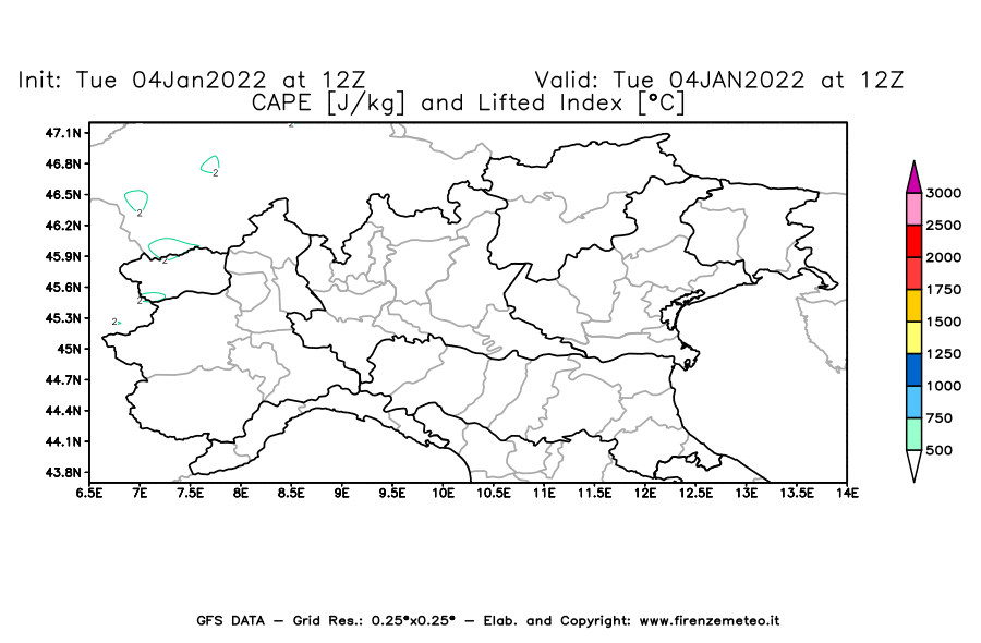 Mappa di analisi GFS - CAPE [J/kg] e Lifted Index [°C] in Nord-Italia
							del 04/01/2022 12 <!--googleoff: index-->UTC<!--googleon: index-->