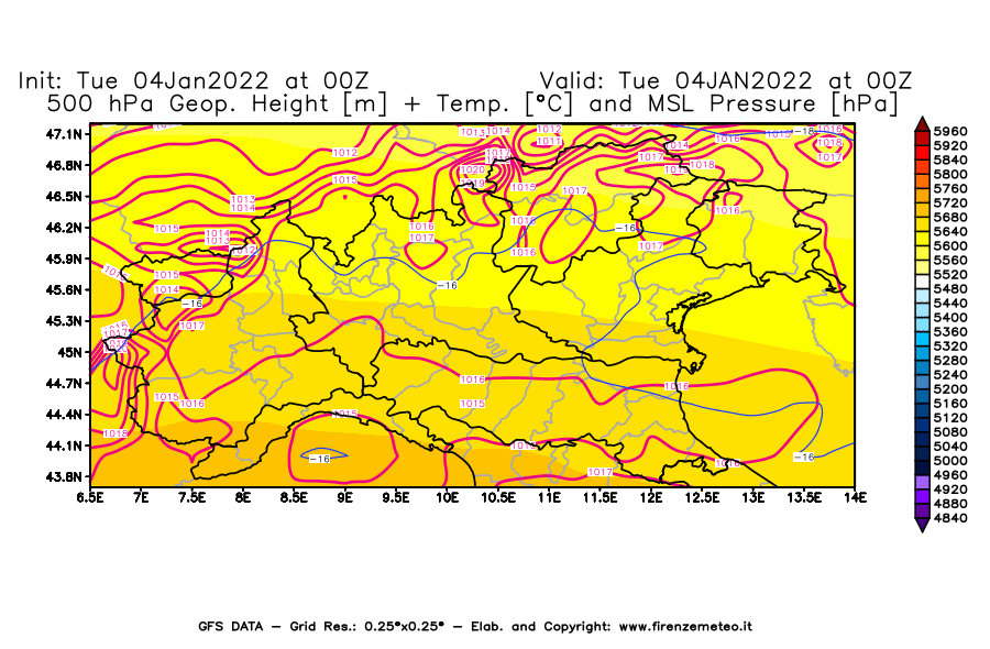 Mappa di analisi GFS - Geopotenziale [m] + Temp. [°C] a 500 hPa + Press. a livello del mare [hPa] in Nord-Italia
							del 04/01/2022 00 <!--googleoff: index-->UTC<!--googleon: index-->