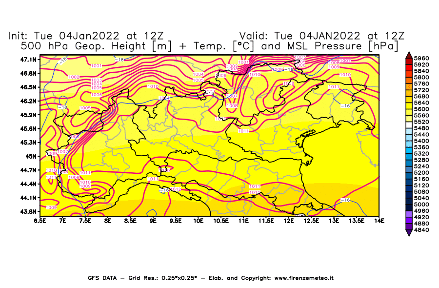 Mappa di analisi GFS - Geopotenziale [m] + Temp. [°C] a 500 hPa + Press. a livello del mare [hPa] in Nord-Italia
							del 04/01/2022 12 <!--googleoff: index-->UTC<!--googleon: index-->