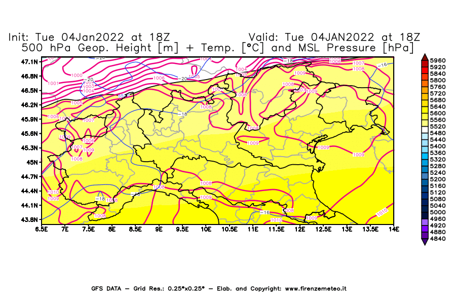 Mappa di analisi GFS - Geopotenziale [m] + Temp. [°C] a 500 hPa + Press. a livello del mare [hPa] in Nord-Italia
							del 04/01/2022 18 <!--googleoff: index-->UTC<!--googleon: index-->
