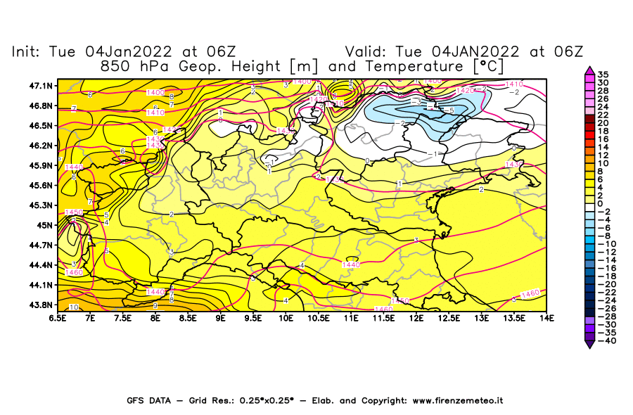 Mappa di analisi GFS - Geopotenziale [m] e Temperatura [°C] a 850 hPa in Nord-Italia
							del 04/01/2022 06 <!--googleoff: index-->UTC<!--googleon: index-->