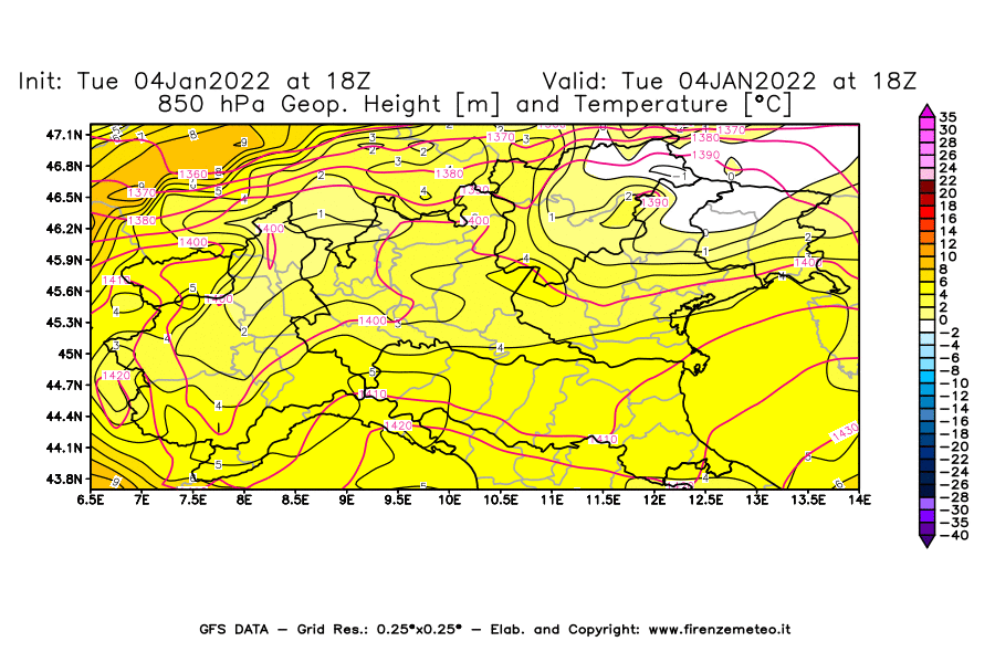Mappa di analisi GFS - Geopotenziale [m] e Temperatura [°C] a 850 hPa in Nord-Italia
							del 04/01/2022 18 <!--googleoff: index-->UTC<!--googleon: index-->