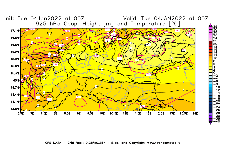 Mappa di analisi GFS - Geopotenziale [m] e Temperatura [°C] a 925 hPa in Nord-Italia
							del 04/01/2022 00 <!--googleoff: index-->UTC<!--googleon: index-->