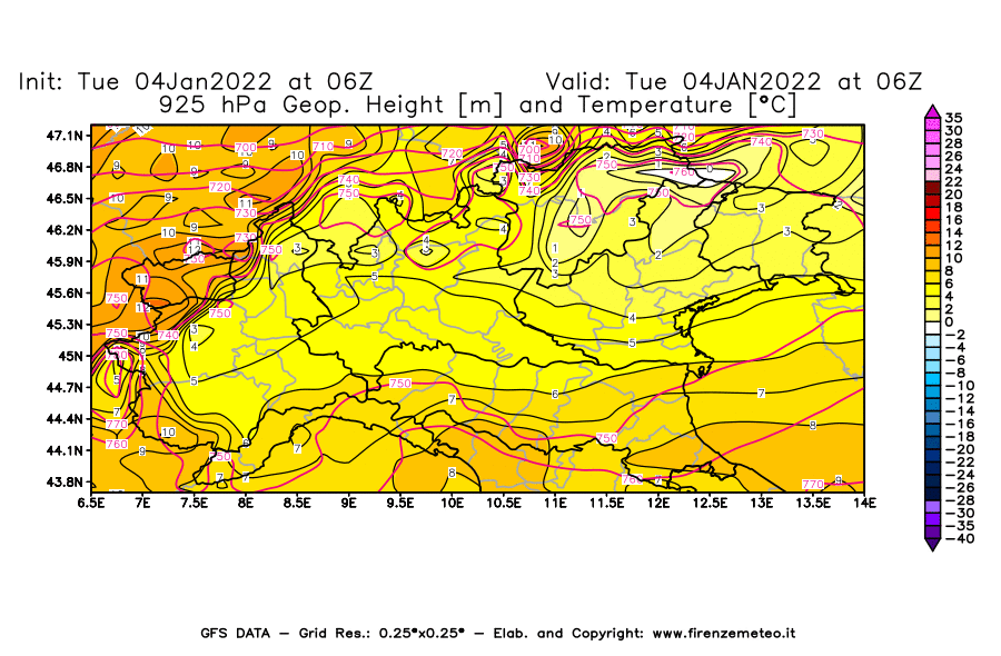 Mappa di analisi GFS - Geopotenziale [m] e Temperatura [°C] a 925 hPa in Nord-Italia
							del 04/01/2022 06 <!--googleoff: index-->UTC<!--googleon: index-->
