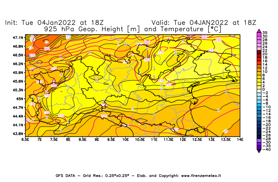 Mappa di analisi GFS - Geopotenziale [m] e Temperatura [°C] a 925 hPa in Nord-Italia
							del 04/01/2022 18 <!--googleoff: index-->UTC<!--googleon: index-->
