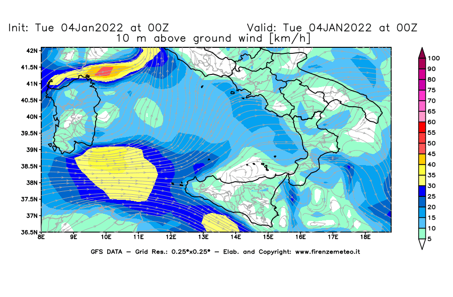Mappa di analisi GFS - Velocità del vento a 10 metri dal suolo [km/h] in Sud-Italia
							del 04/01/2022 00 <!--googleoff: index-->UTC<!--googleon: index-->
