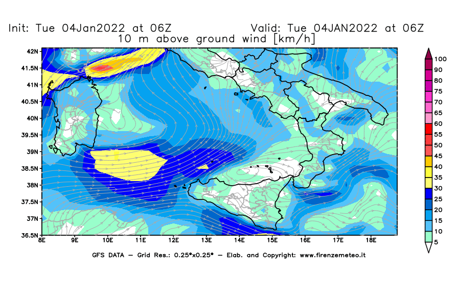 Mappa di analisi GFS - Velocità del vento a 10 metri dal suolo [km/h] in Sud-Italia
							del 04/01/2022 06 <!--googleoff: index-->UTC<!--googleon: index-->