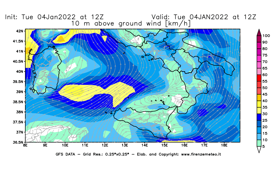 Mappa di analisi GFS - Velocità del vento a 10 metri dal suolo [km/h] in Sud-Italia
							del 04/01/2022 12 <!--googleoff: index-->UTC<!--googleon: index-->