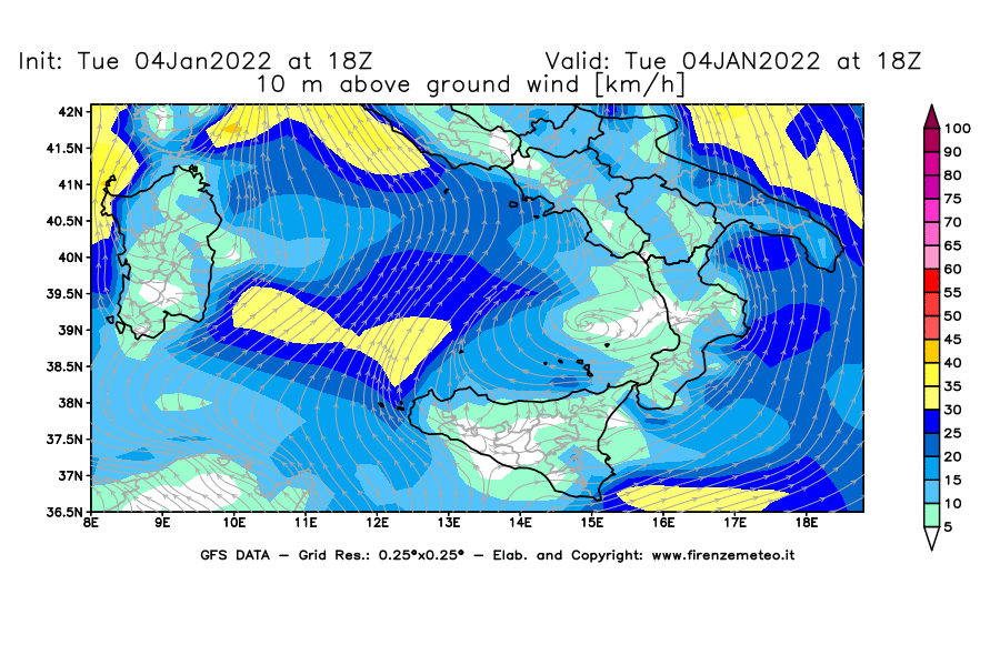 Mappa di analisi GFS - Velocità del vento a 10 metri dal suolo [km/h] in Sud-Italia
							del 04/01/2022 18 <!--googleoff: index-->UTC<!--googleon: index-->
