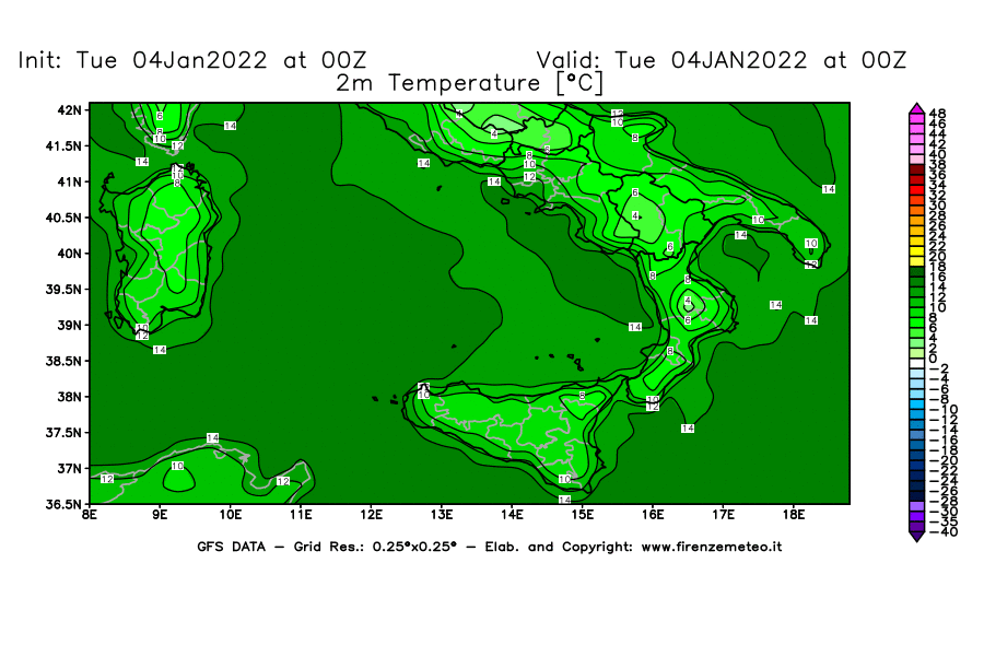 Mappa di analisi GFS - Temperatura a 2 metri dal suolo [°C] in Sud-Italia
							del 04/01/2022 00 <!--googleoff: index-->UTC<!--googleon: index-->
