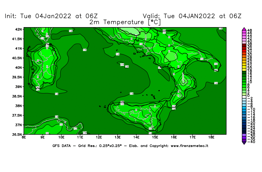 Mappa di analisi GFS - Temperatura a 2 metri dal suolo [°C] in Sud-Italia
							del 04/01/2022 06 <!--googleoff: index-->UTC<!--googleon: index-->