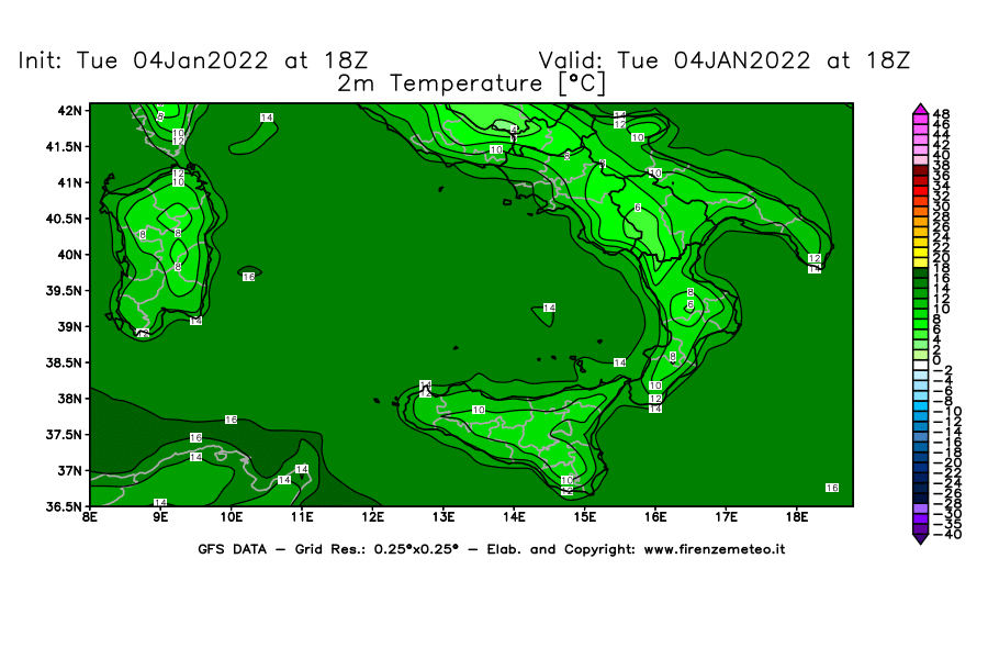 Mappa di analisi GFS - Temperatura a 2 metri dal suolo [°C] in Sud-Italia
							del 04/01/2022 18 <!--googleoff: index-->UTC<!--googleon: index-->