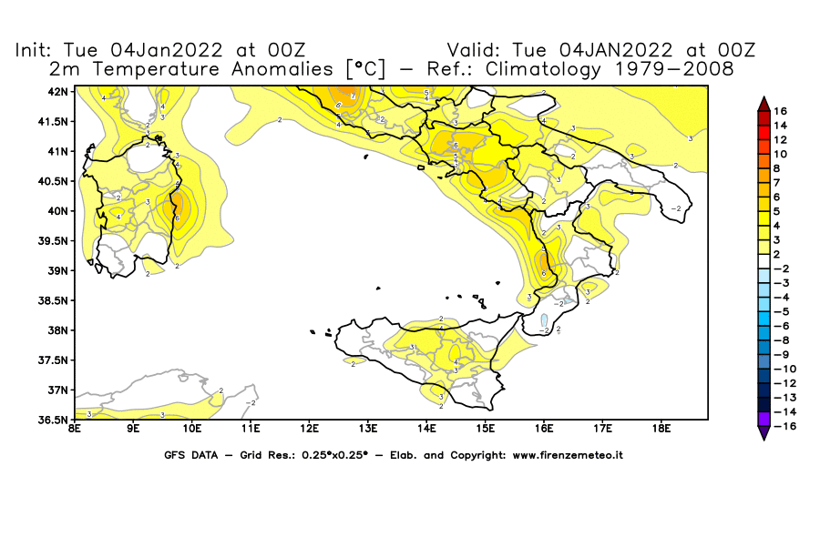 Mappa di analisi GFS - Anomalia Temperatura [°C] a 2 m in Sud-Italia
							del 04/01/2022 00 <!--googleoff: index-->UTC<!--googleon: index-->