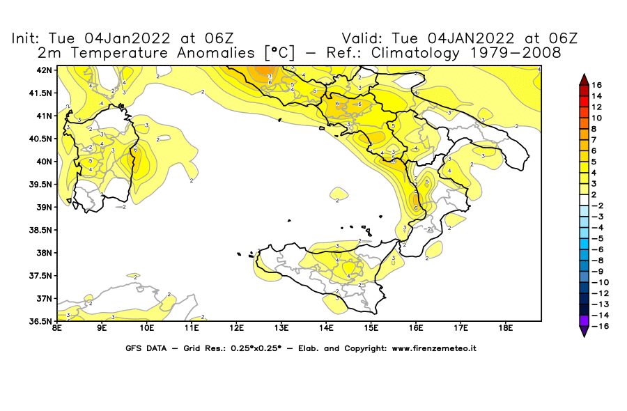 Mappa di analisi GFS - Anomalia Temperatura [°C] a 2 m in Sud-Italia
							del 04/01/2022 06 <!--googleoff: index-->UTC<!--googleon: index-->