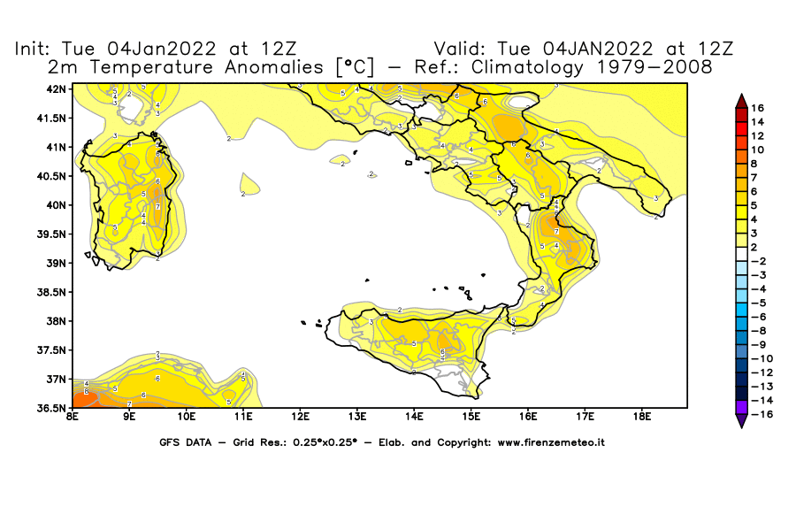 Mappa di analisi GFS - Anomalia Temperatura [°C] a 2 m in Sud-Italia
							del 04/01/2022 12 <!--googleoff: index-->UTC<!--googleon: index-->