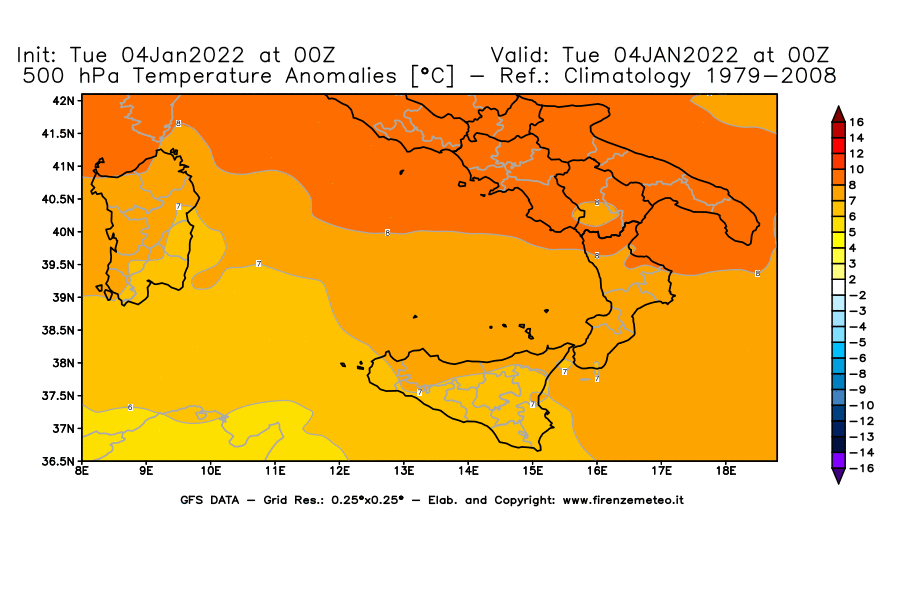 Mappa di analisi GFS - Anomalia Temperatura [°C] a 500 hPa in Sud-Italia
							del 04/01/2022 00 <!--googleoff: index-->UTC<!--googleon: index-->