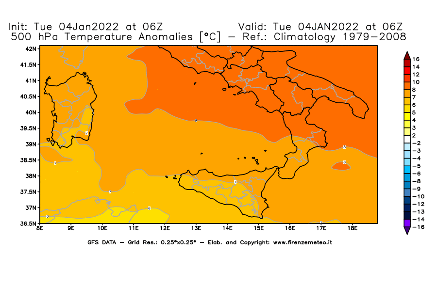 Mappa di analisi GFS - Anomalia Temperatura [°C] a 500 hPa in Sud-Italia
							del 04/01/2022 06 <!--googleoff: index-->UTC<!--googleon: index-->