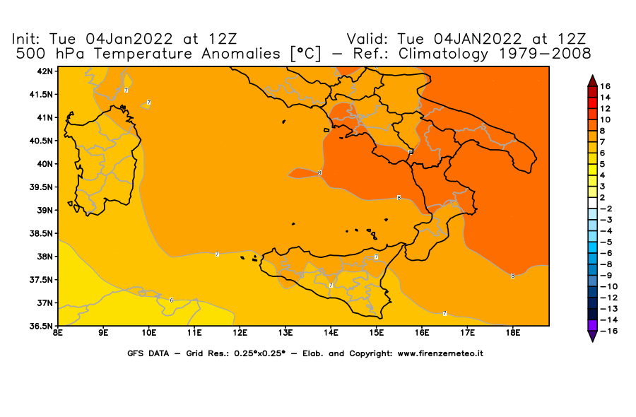Mappa di analisi GFS - Anomalia Temperatura [°C] a 500 hPa in Sud-Italia
							del 04/01/2022 12 <!--googleoff: index-->UTC<!--googleon: index-->