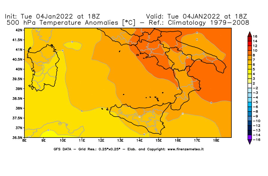 Mappa di analisi GFS - Anomalia Temperatura [°C] a 500 hPa in Sud-Italia
							del 04/01/2022 18 <!--googleoff: index-->UTC<!--googleon: index-->