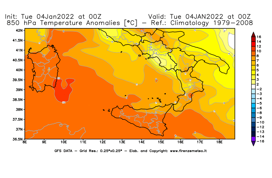 Mappa di analisi GFS - Anomalia Temperatura [°C] a 850 hPa in Sud-Italia
							del 04/01/2022 00 <!--googleoff: index-->UTC<!--googleon: index-->
