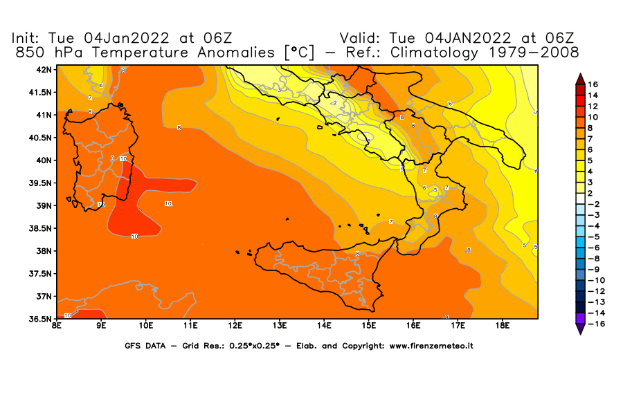 Mappa di analisi GFS - Anomalia Temperatura [°C] a 850 hPa in Sud-Italia
							del 04/01/2022 06 <!--googleoff: index-->UTC<!--googleon: index-->