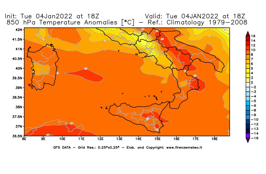 Mappa di analisi GFS - Anomalia Temperatura [°C] a 850 hPa in Sud-Italia
							del 04/01/2022 18 <!--googleoff: index-->UTC<!--googleon: index-->