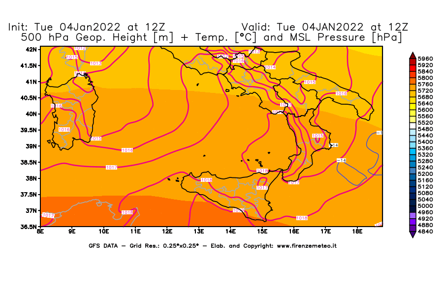Mappa di analisi GFS - Geopotenziale [m] + Temp. [°C] a 500 hPa + Press. a livello del mare [hPa] in Sud-Italia
							del 04/01/2022 12 <!--googleoff: index-->UTC<!--googleon: index-->