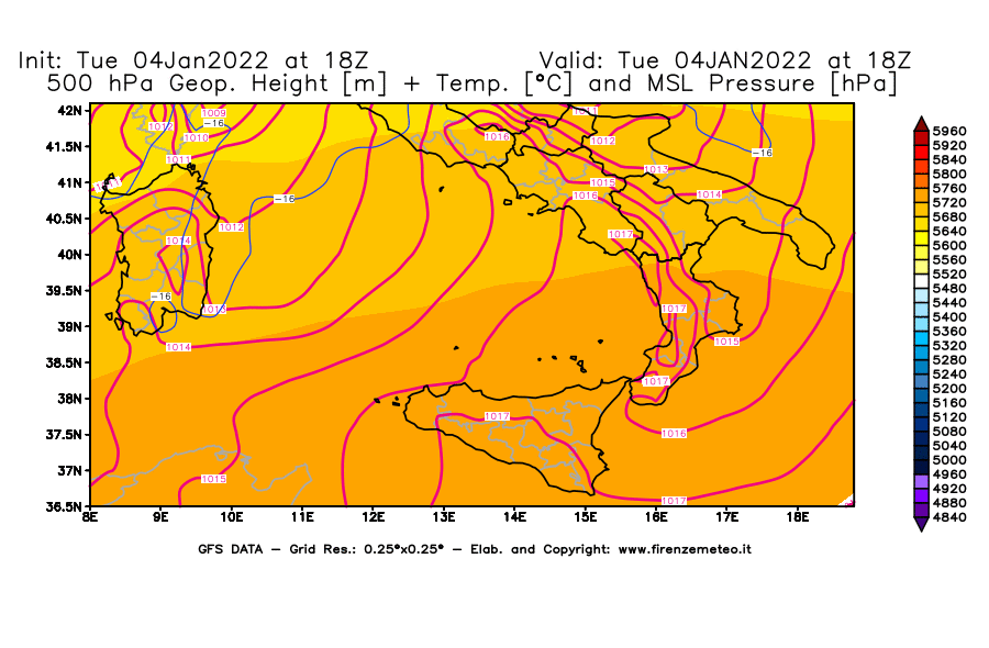 Mappa di analisi GFS - Geopotenziale [m] + Temp. [°C] a 500 hPa + Press. a livello del mare [hPa] in Sud-Italia
							del 04/01/2022 18 <!--googleoff: index-->UTC<!--googleon: index-->