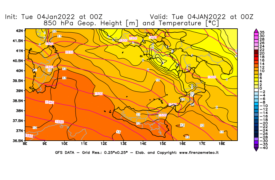 Mappa di analisi GFS - Geopotenziale [m] e Temperatura [°C] a 850 hPa in Sud-Italia
							del 04/01/2022 00 <!--googleoff: index-->UTC<!--googleon: index-->