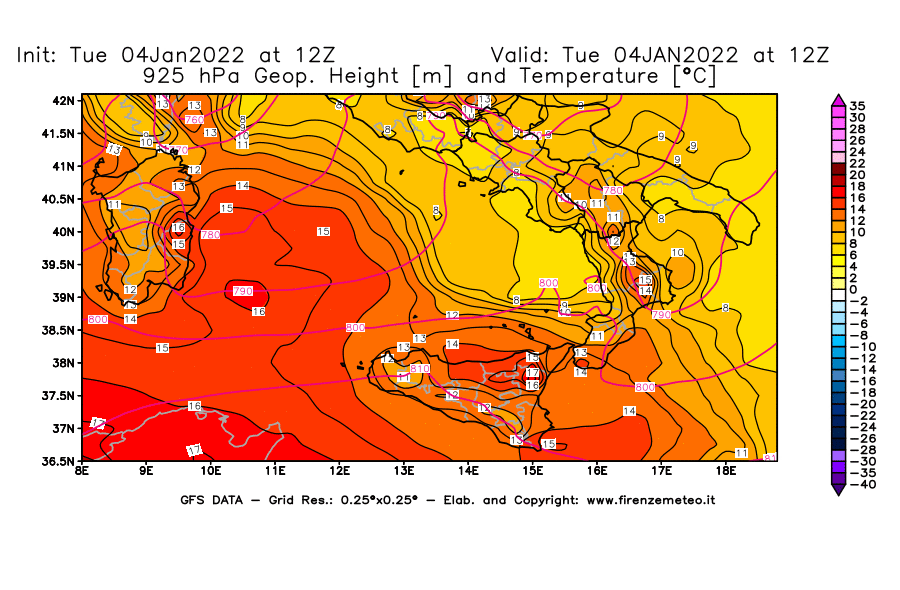Mappa di analisi GFS - Geopotenziale [m] e Temperatura [°C] a 925 hPa in Sud-Italia
							del 04/01/2022 12 <!--googleoff: index-->UTC<!--googleon: index-->