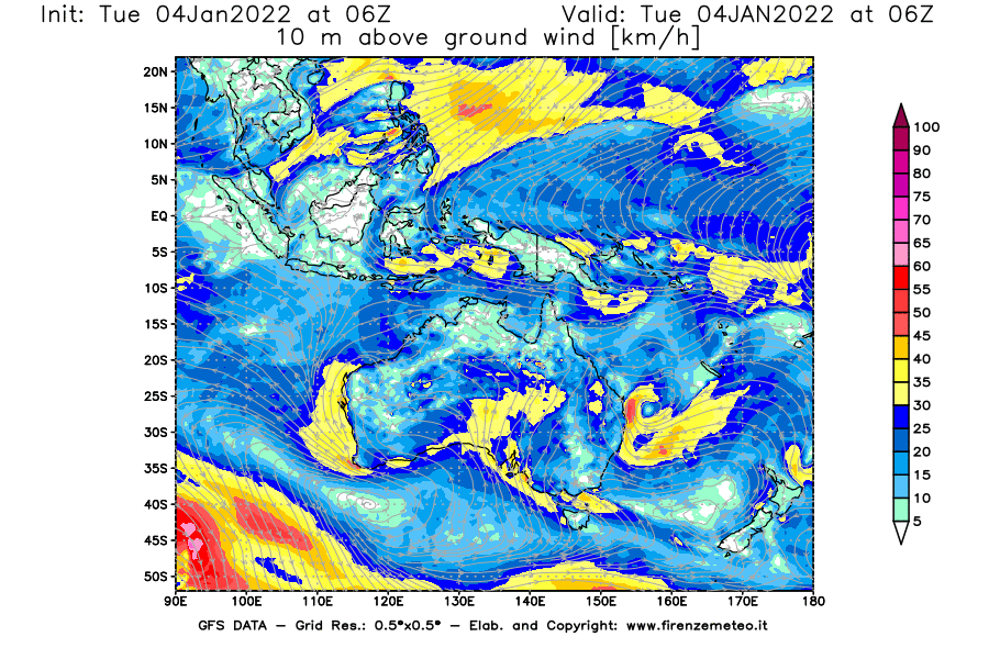 Mappa di analisi GFS - Velocità del vento a 10 metri dal suolo [km/h] in Oceania
							del 04/01/2022 06 <!--googleoff: index-->UTC<!--googleon: index-->