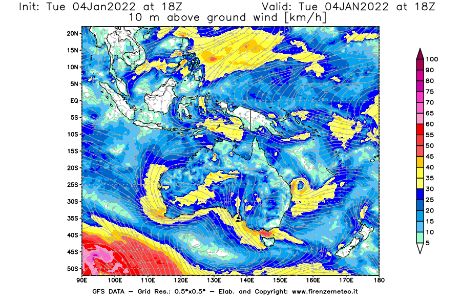 Mappa di analisi GFS - Velocità del vento a 10 metri dal suolo [km/h] in Oceania
							del 04/01/2022 18 <!--googleoff: index-->UTC<!--googleon: index-->