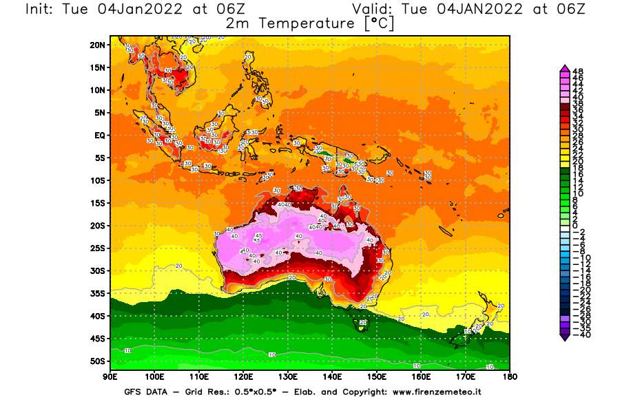 Mappa di analisi GFS - Temperatura a 2 metri dal suolo [°C] in Oceania
							del 04/01/2022 06 <!--googleoff: index-->UTC<!--googleon: index-->