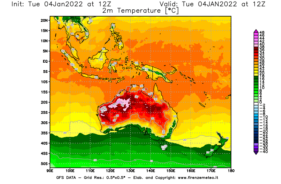 Mappa di analisi GFS - Temperatura a 2 metri dal suolo [°C] in Oceania
							del 04/01/2022 12 <!--googleoff: index-->UTC<!--googleon: index-->