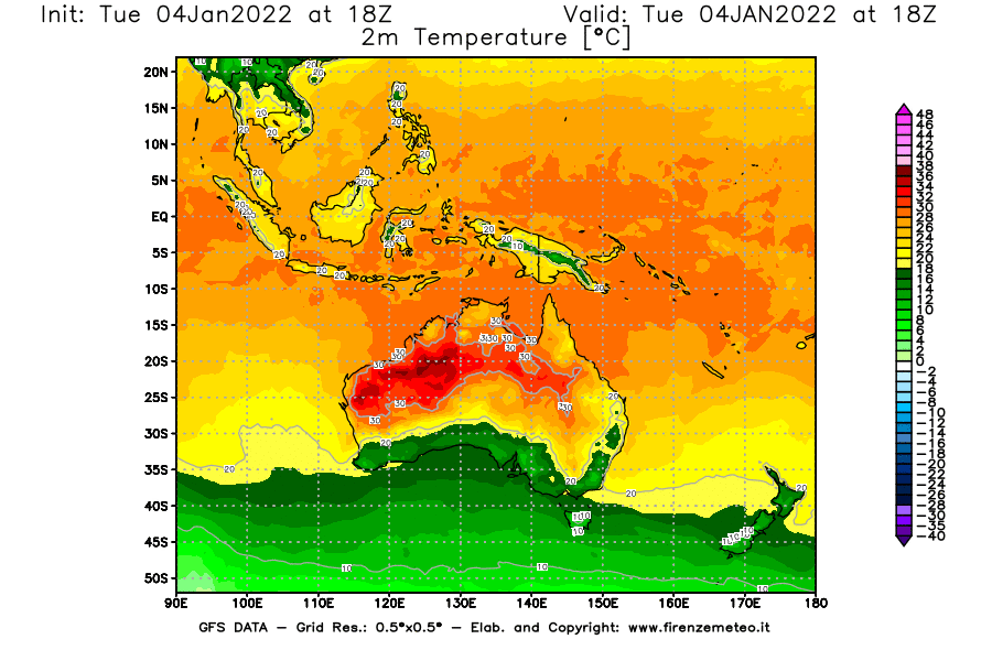Mappa di analisi GFS - Temperatura a 2 metri dal suolo [°C] in Oceania
							del 04/01/2022 18 <!--googleoff: index-->UTC<!--googleon: index-->