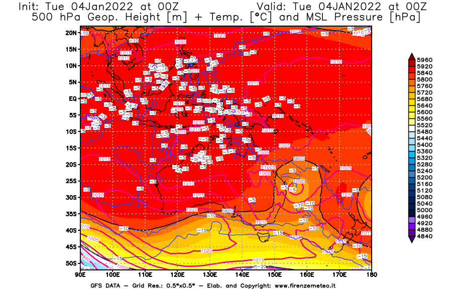 Mappa di analisi GFS - Geopotenziale [m] + Temp. [°C] a 500 hPa + Press. a livello del mare [hPa] in Oceania
							del 04/01/2022 00 <!--googleoff: index-->UTC<!--googleon: index-->