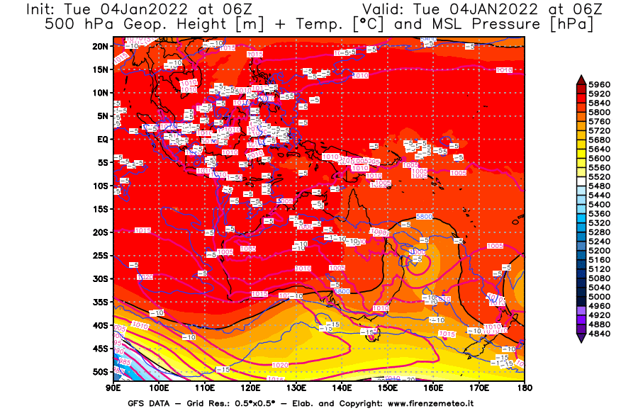 Mappa di analisi GFS - Geopotenziale [m] + Temp. [°C] a 500 hPa + Press. a livello del mare [hPa] in Oceania
							del 04/01/2022 06 <!--googleoff: index-->UTC<!--googleon: index-->