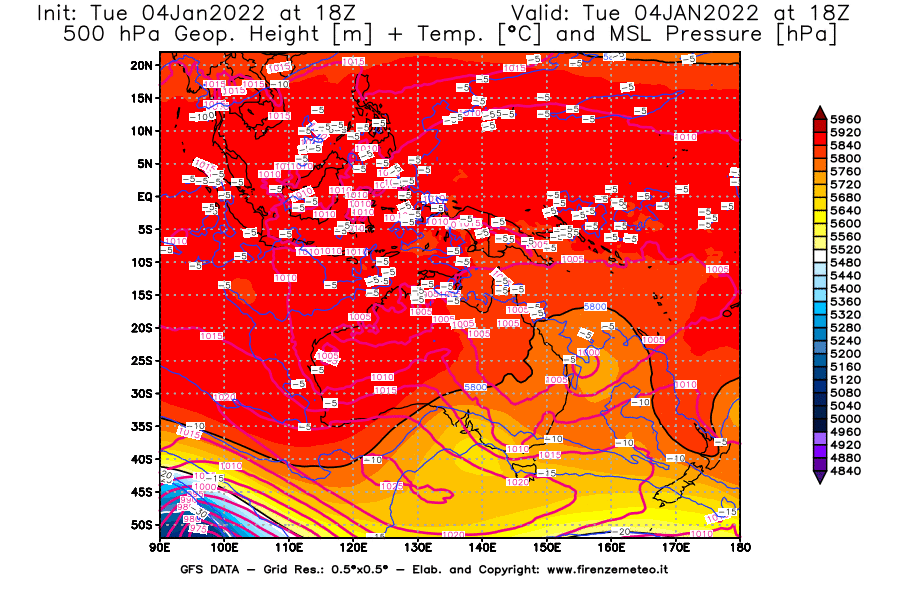 Mappa di analisi GFS - Geopotenziale [m] + Temp. [°C] a 500 hPa + Press. a livello del mare [hPa] in Oceania
							del 04/01/2022 18 <!--googleoff: index-->UTC<!--googleon: index-->