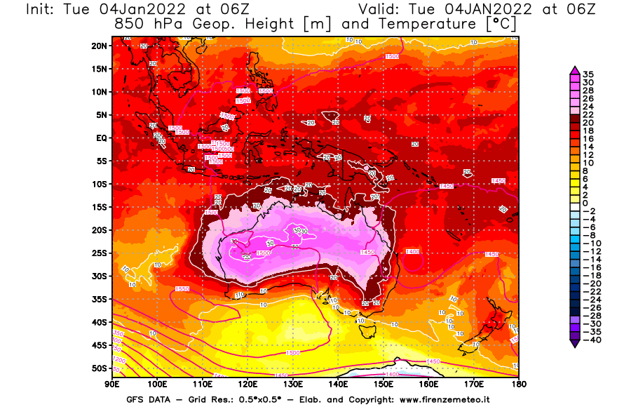 Mappa di analisi GFS - Geopotenziale [m] e Temperatura [°C] a 850 hPa in Oceania
							del 04/01/2022 06 <!--googleoff: index-->UTC<!--googleon: index-->