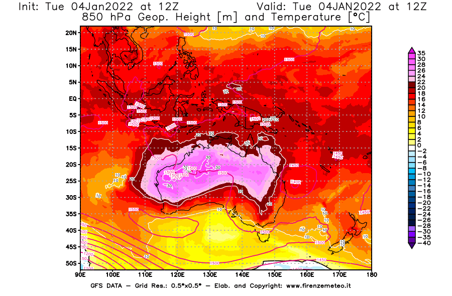 Mappa di analisi GFS - Geopotenziale [m] e Temperatura [°C] a 850 hPa in Oceania
							del 04/01/2022 12 <!--googleoff: index-->UTC<!--googleon: index-->